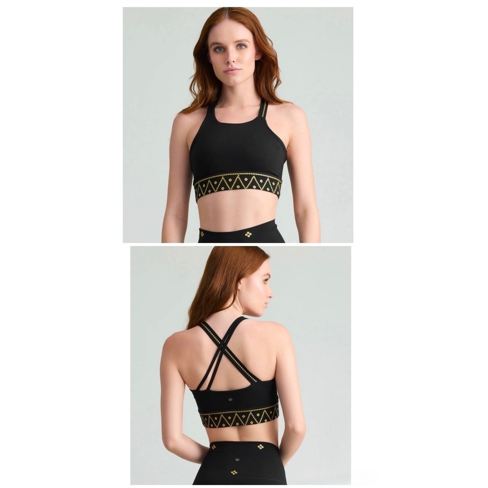 Handful High Neck Sports Bra Black Gold Foil Geometric Strappy Back Size M